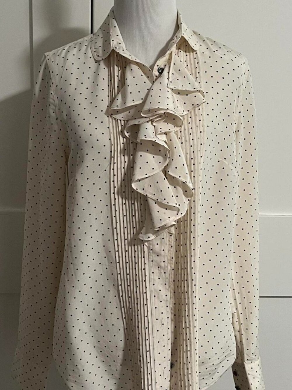 J.Crew Ruffle Polka Dot Blouse,Women's Size 4 ,Ivory Button Front Office Top